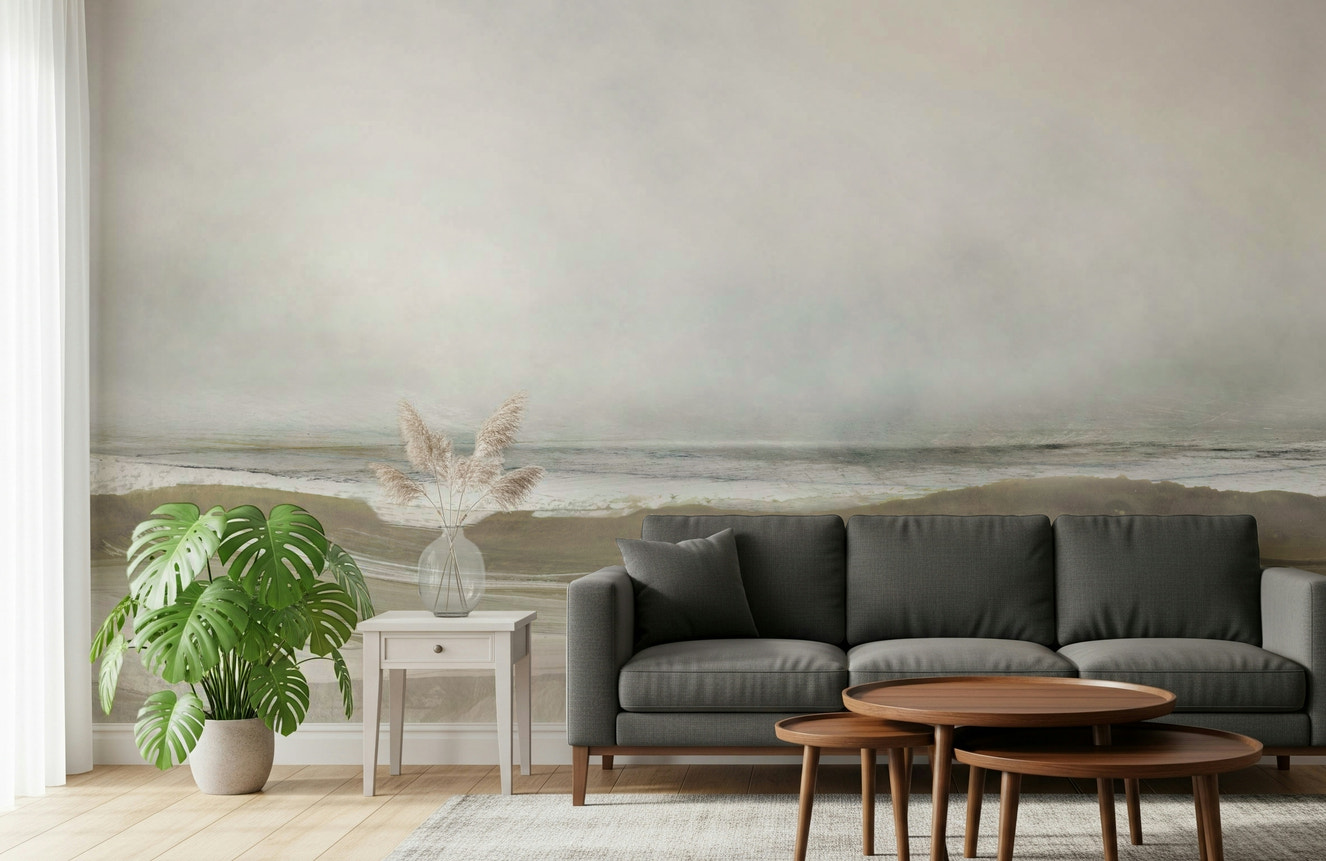 A beautiful abstract ocean wallpaper mural with fluid, brushstroke lines.