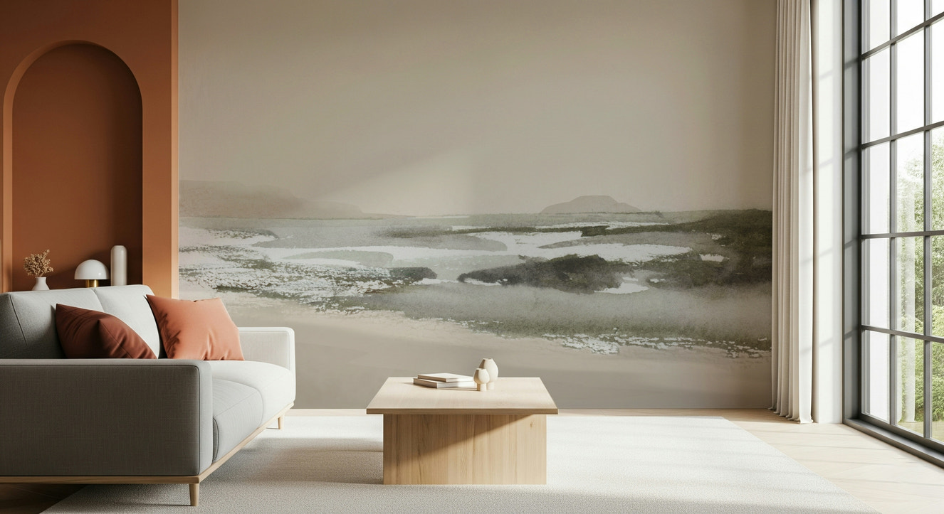 A beautiful coastal watercolor wallpaper mural with soft, dreamy ocean tones.