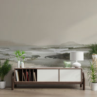 An artistic fluid pattern mural on minimalist wallpaper.