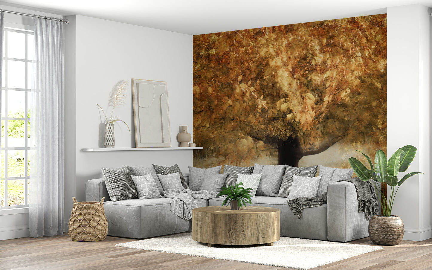 A beautiful gilded leaf wallpaper mural for a modern home.