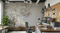 A peaceful tree design mural on decorative wallpaper.