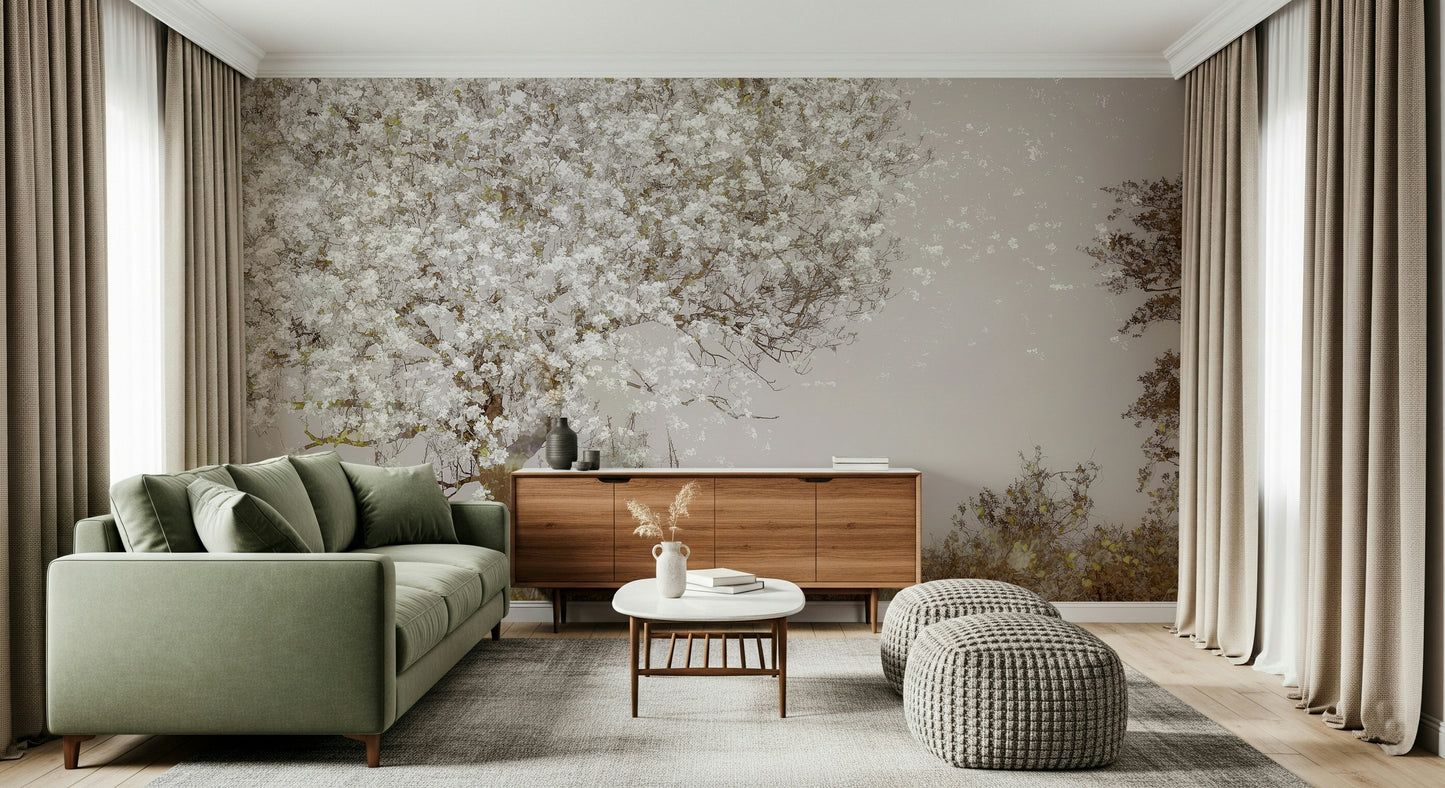 A beautiful wide-angle wall mural of a flowering tree.