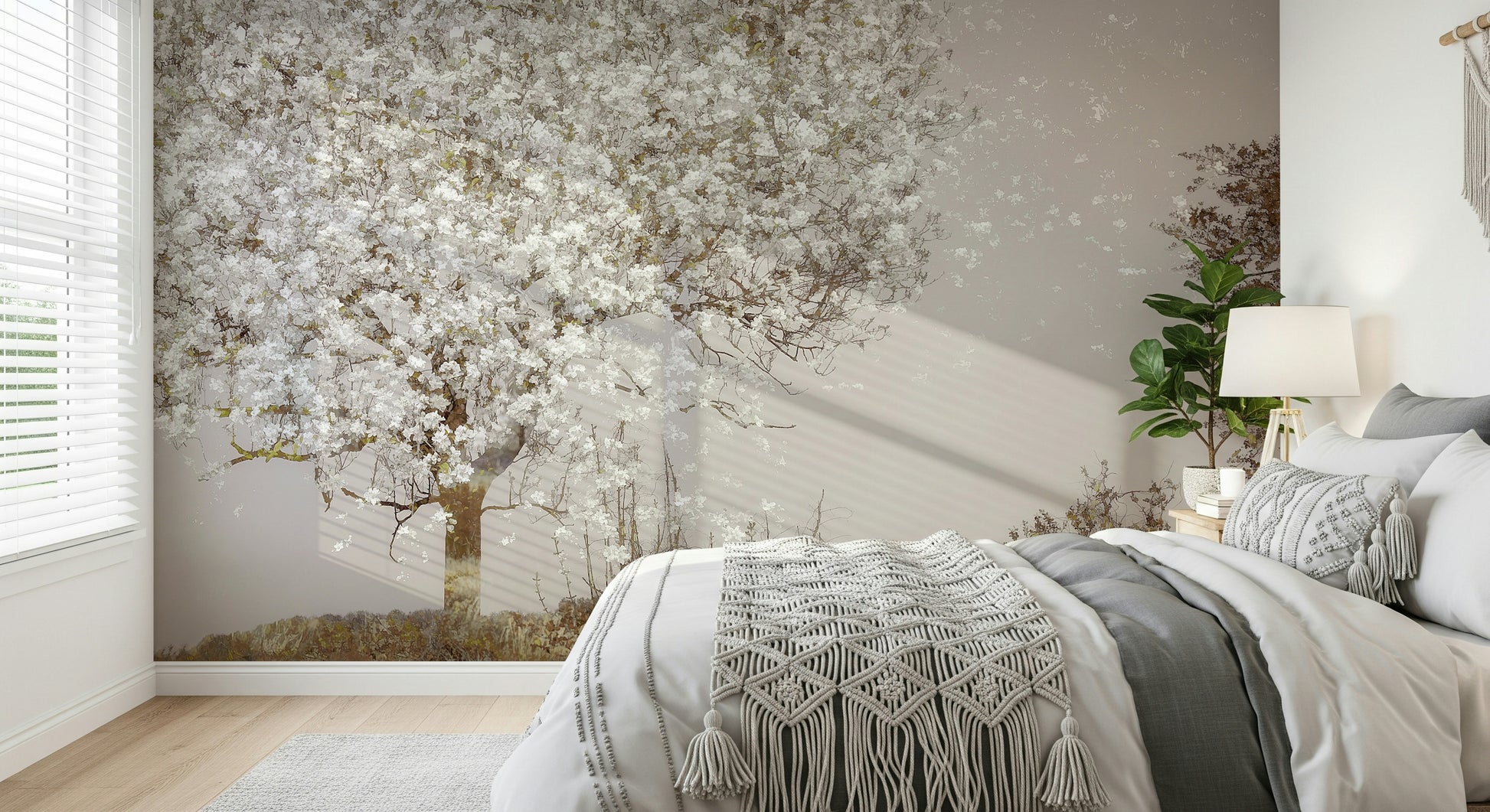 A beautiful blooming tree wallpaper mural with a scenic vista.