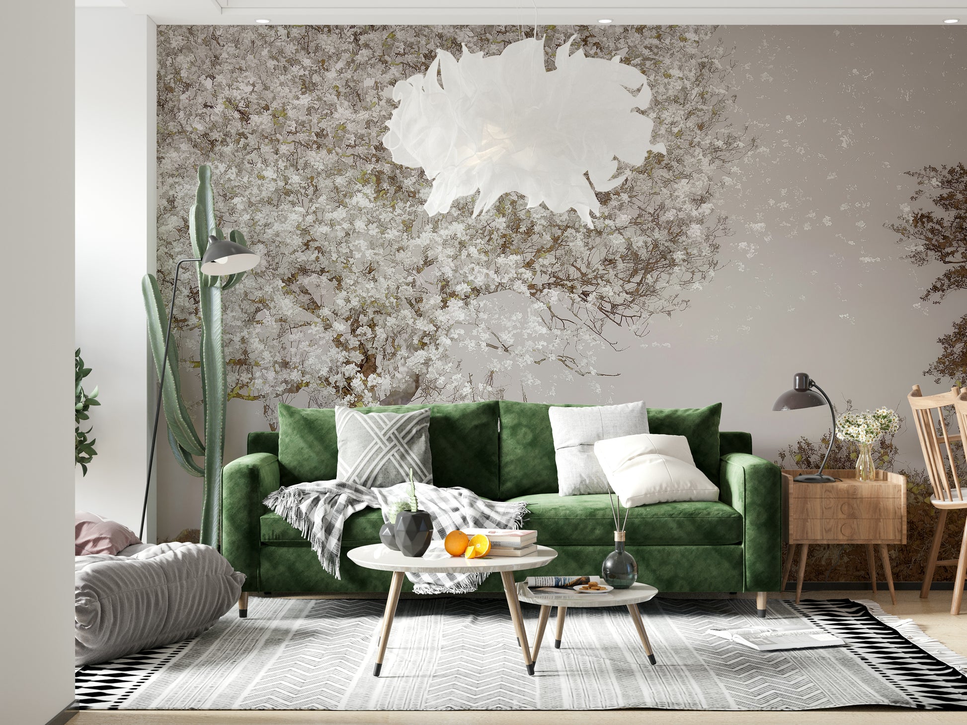 A calming floral design wallpaper mural that defines a space.