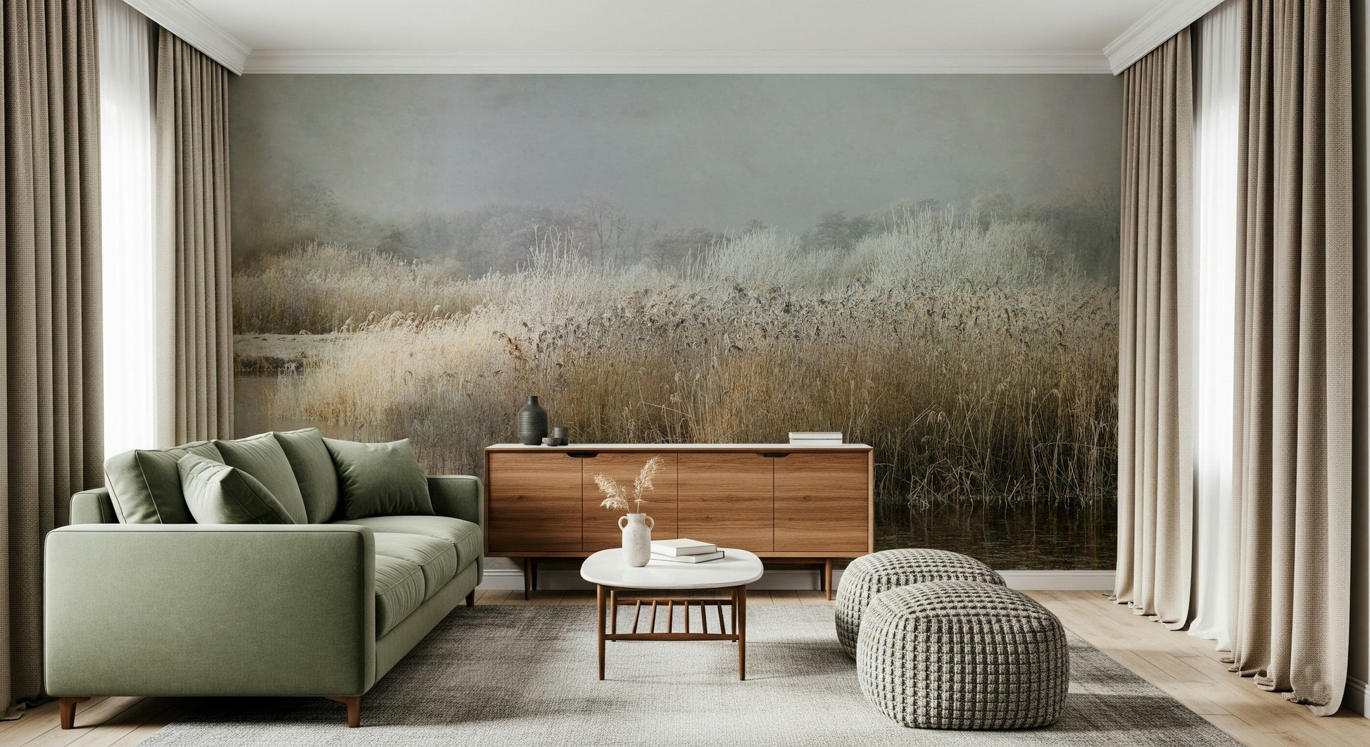 An artistic delicate frost mural on minimalist wallpaper.