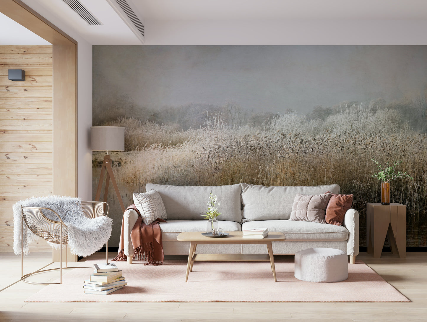 A peaceful open country mural on decorative wallpaper.