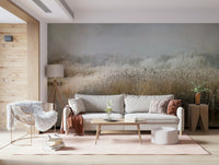 A peaceful open country mural on decorative wallpaper.