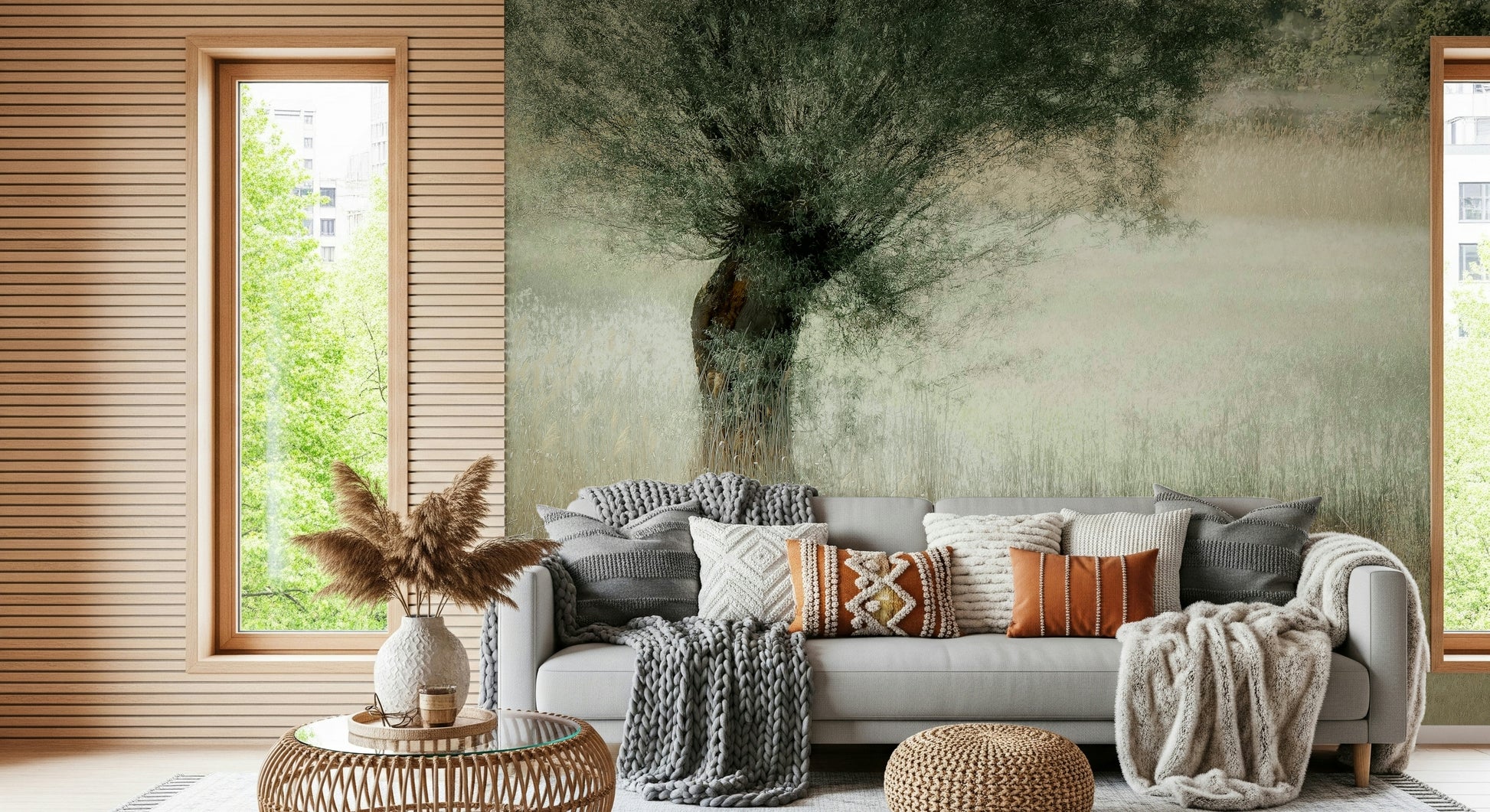 A calming serene view wallpaper mural that defines a space.
