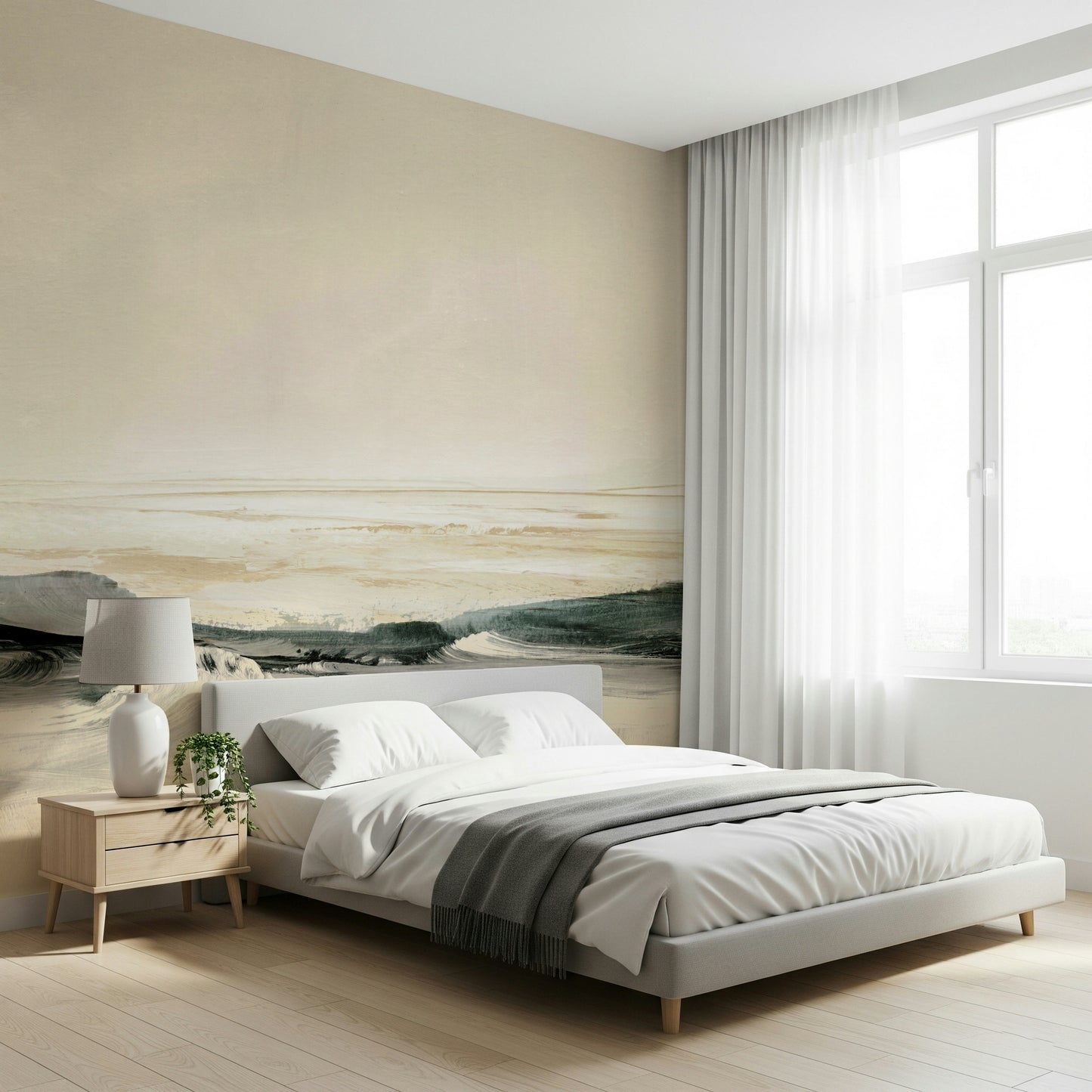 A peaceful open ocean mural on decorative wallpaper.
