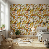 Whimsical wallpaper showcasing autumn-colored foxes and falling leaves.