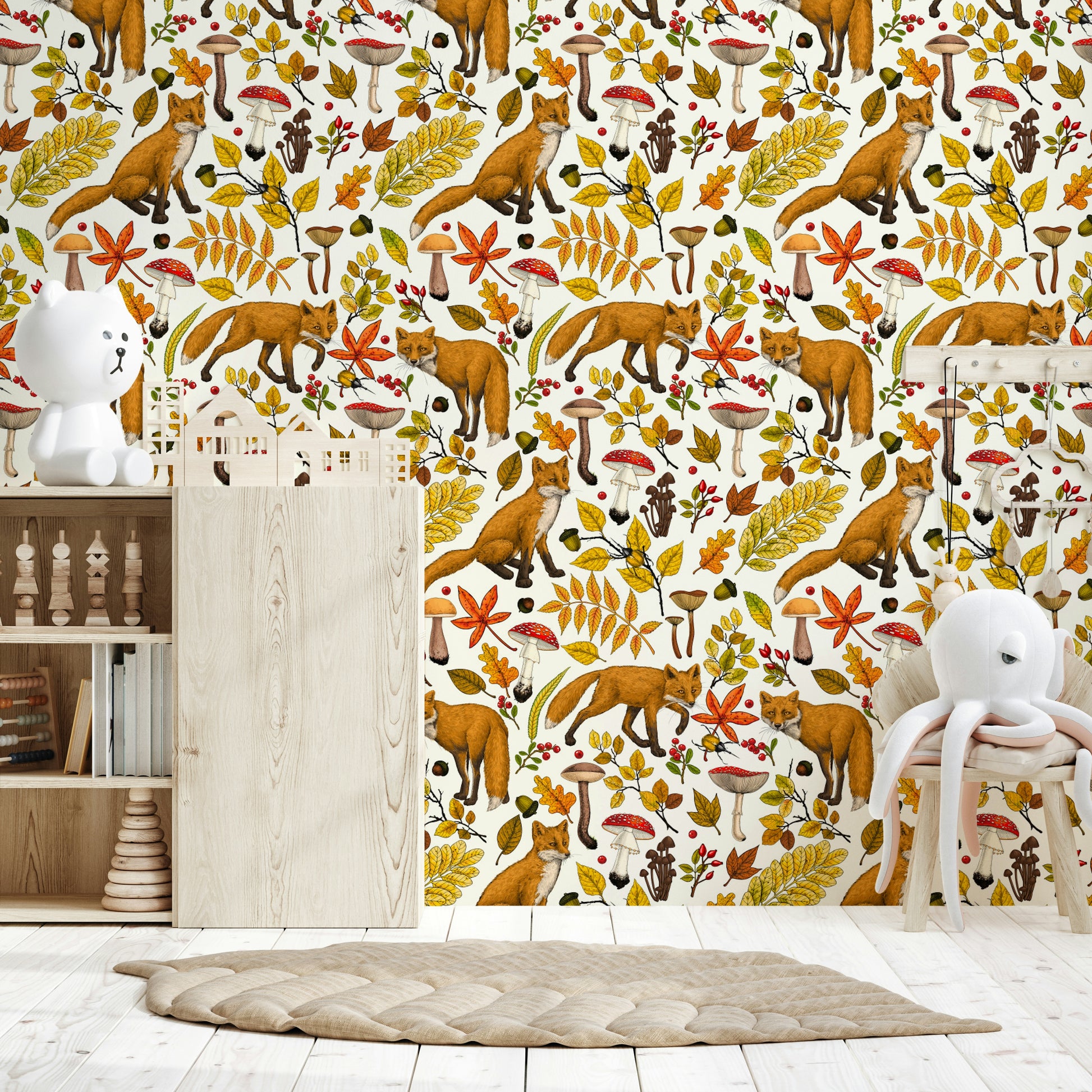 Autumn Foxes Wallpaper featuring playful foxes among fall leaves on a natural white background.