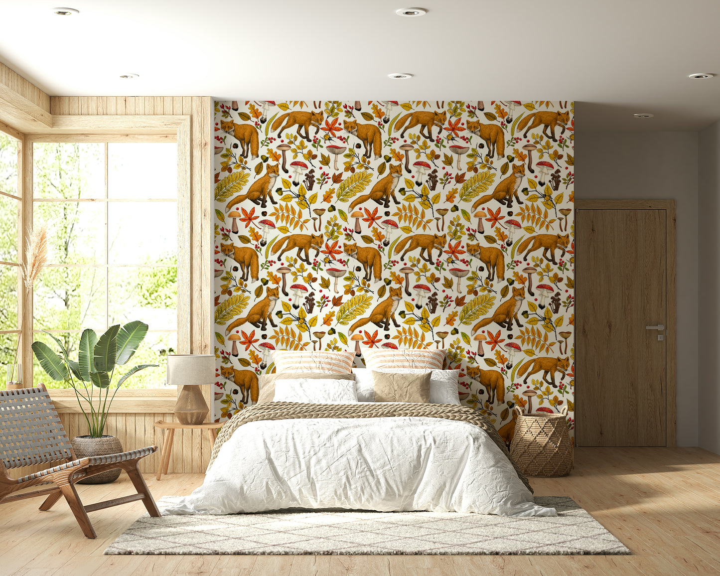 Decorative mural with foxes in a whimsical autumn forest scene on a natural white backdrop.