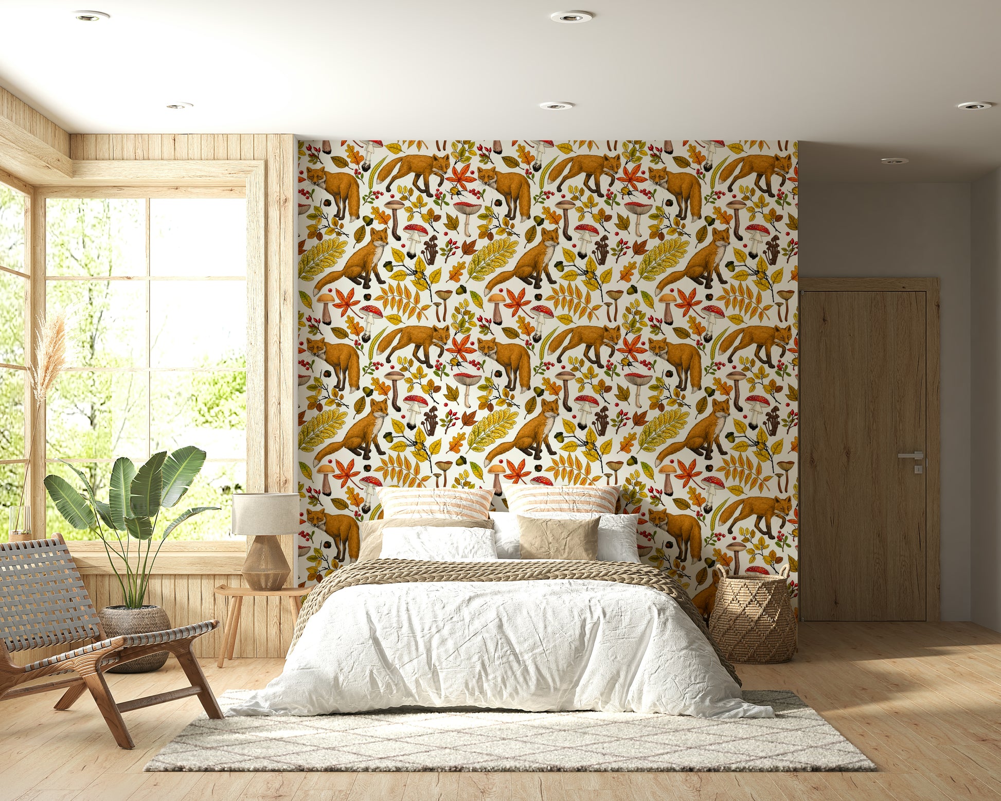 Decorative mural with foxes in a whimsical autumn forest scene on a natural white backdrop.