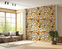 Decorative wall mural with foxes in autumn foliage on a soft white backdrop.
