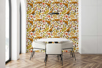 Autumn Foxes Wallpaper — charming woodland animals in warm fall tones on white.
