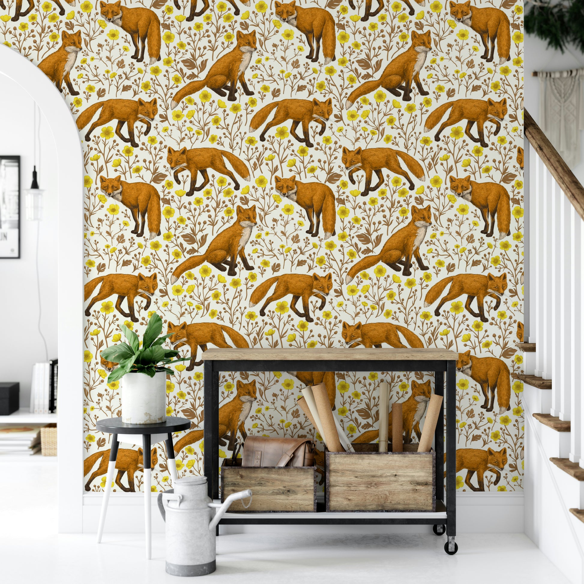 Decorative mural with playful foxes and buttercup blooms in a light, airy design.