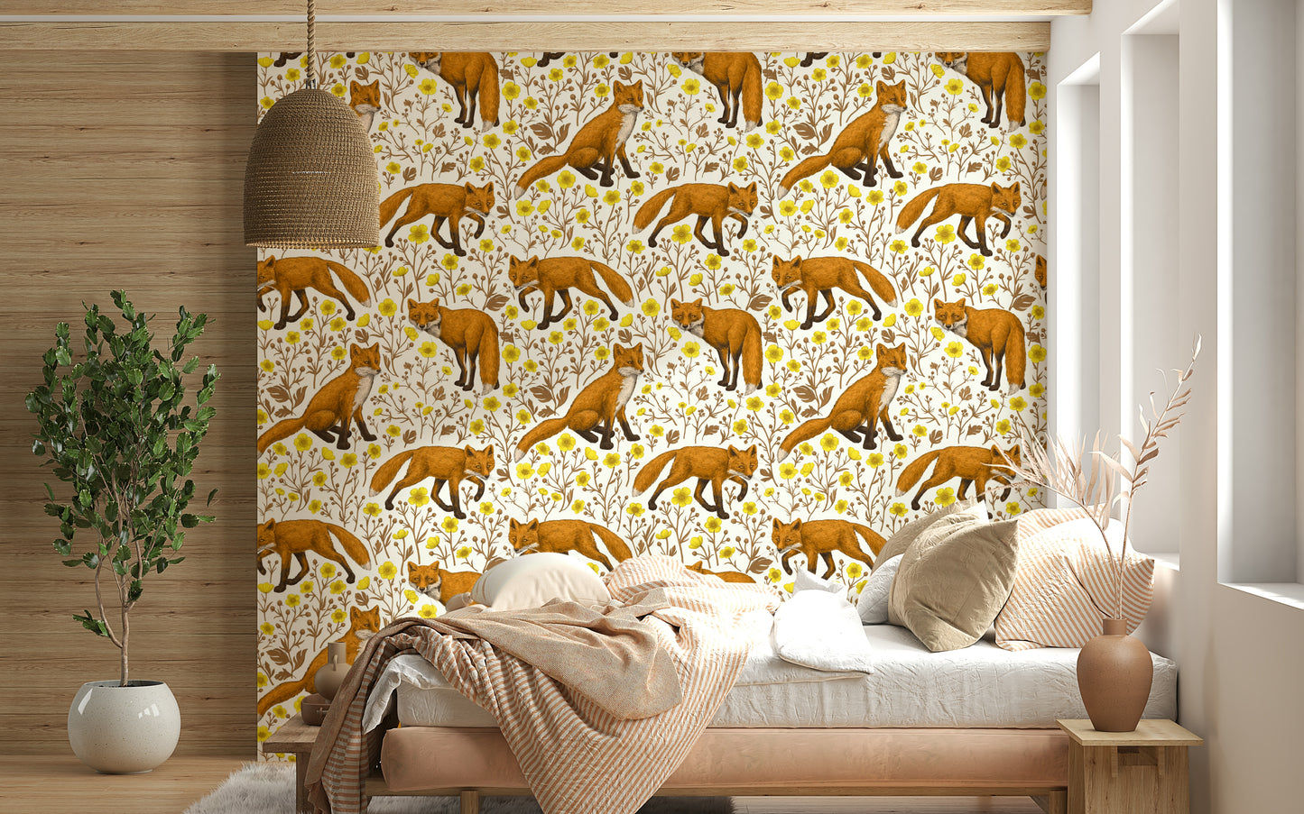 Wall mural with foxes and buttercups — playful and cheerful design for bedrooms or nurseries.