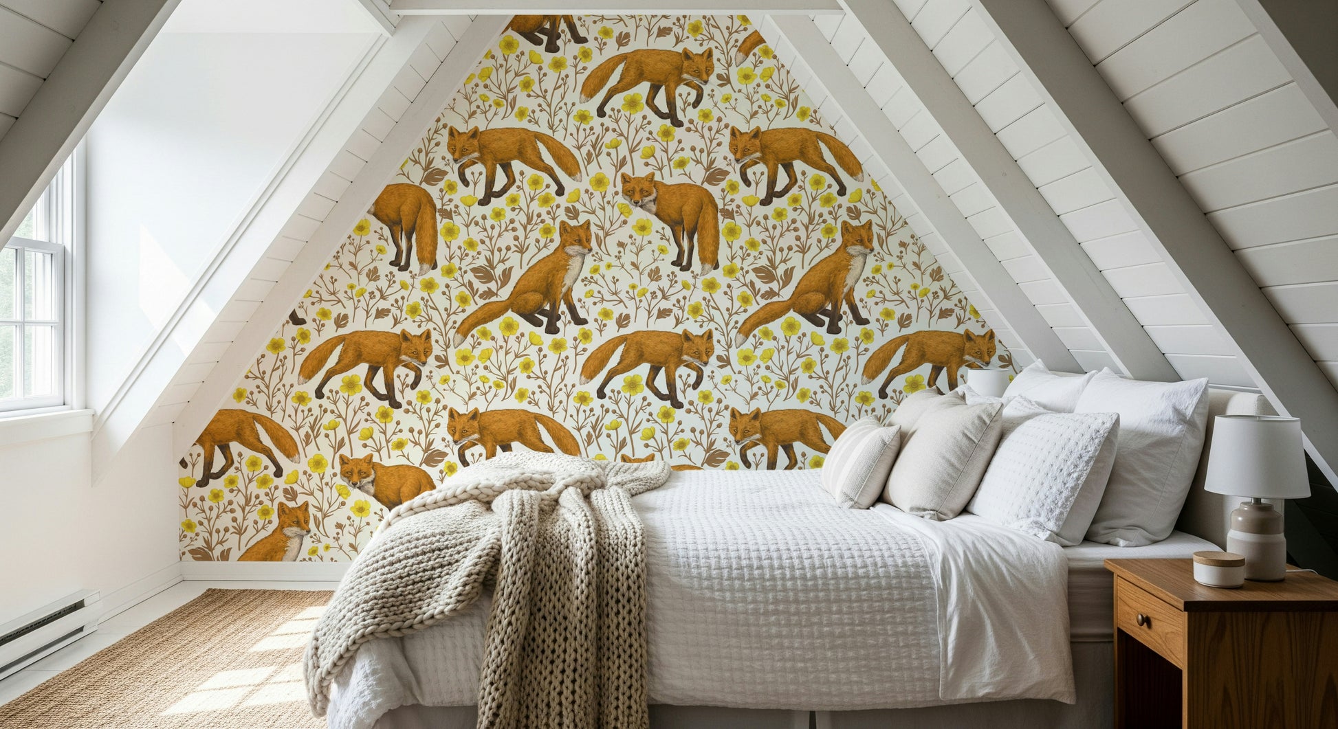 Whimsical fox wallpaper with bright yellow buttercups on a clean, natural white background.