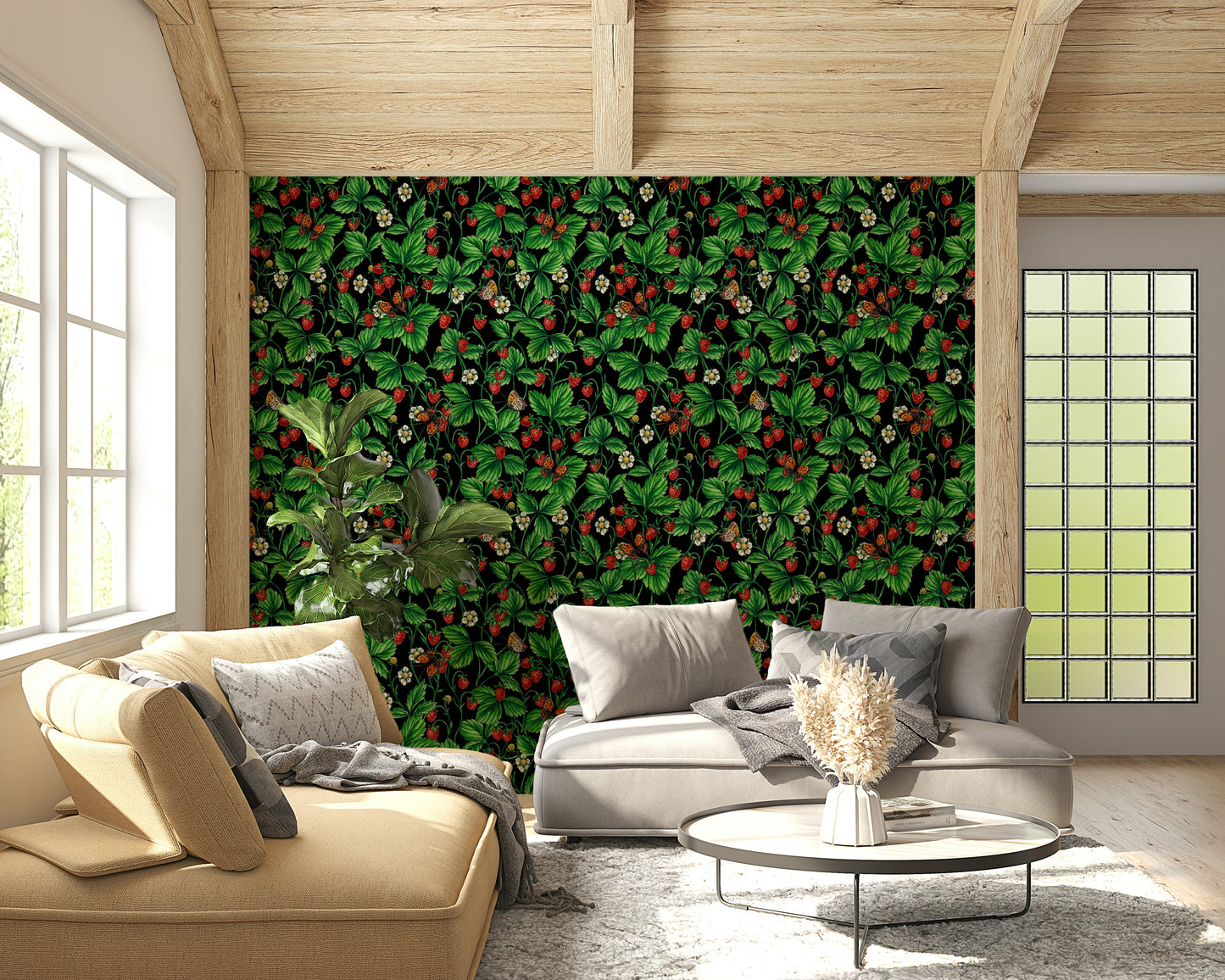 Whimsical garden-themed wallpaper with roses and butterflies in soft, soothing colors.
