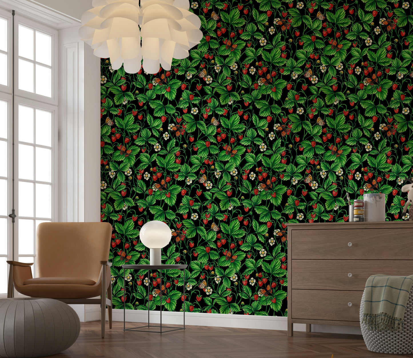 Romantic floral wallpaper featuring pink roses, yellow blooms, and butterflies for a whimsical look.