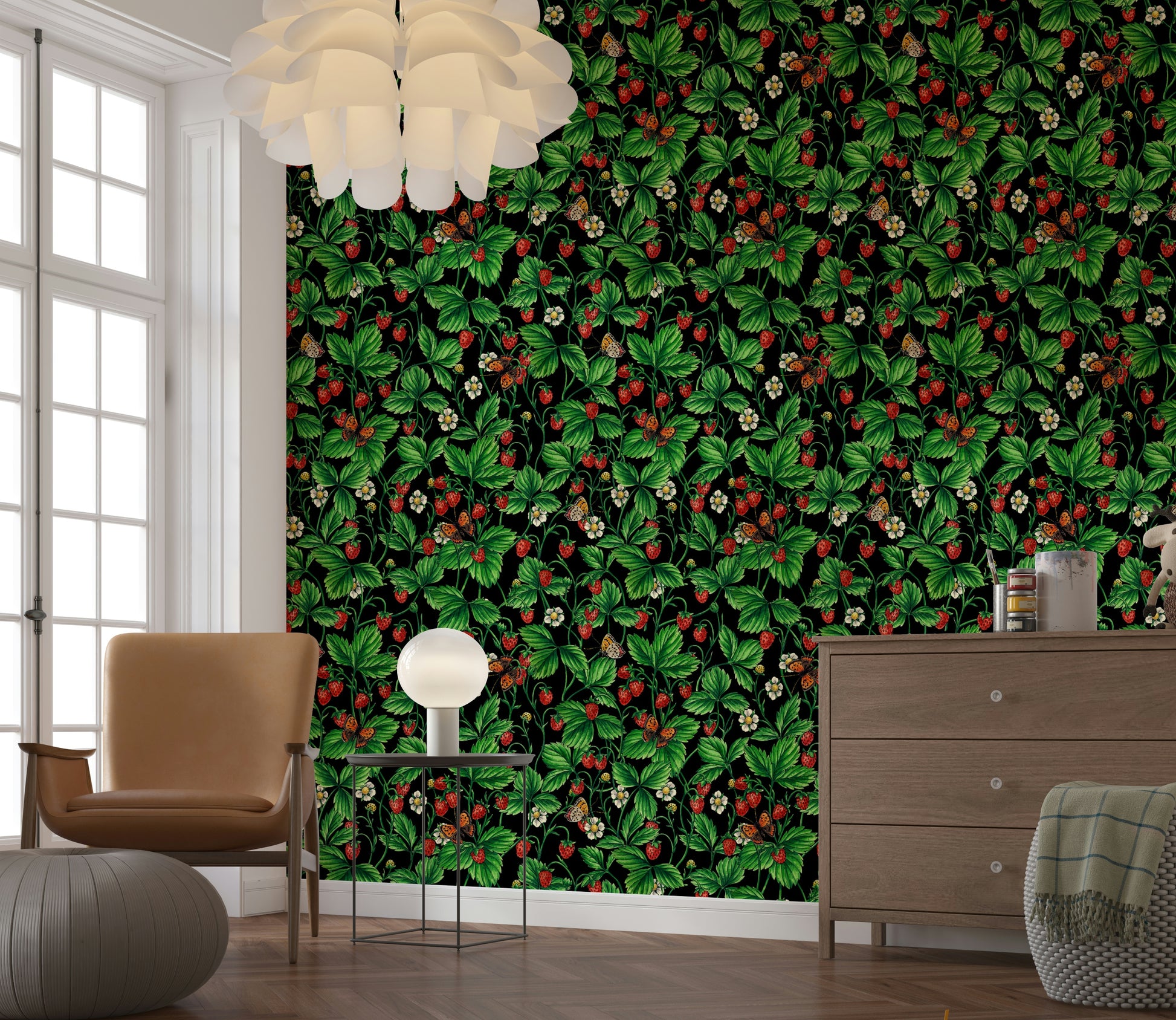 Romantic floral wallpaper featuring pink roses, yellow blooms, and butterflies for a whimsical look.