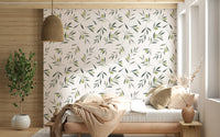 Wall mural with artistic olive leaves and fruit in delicate watercolor style.