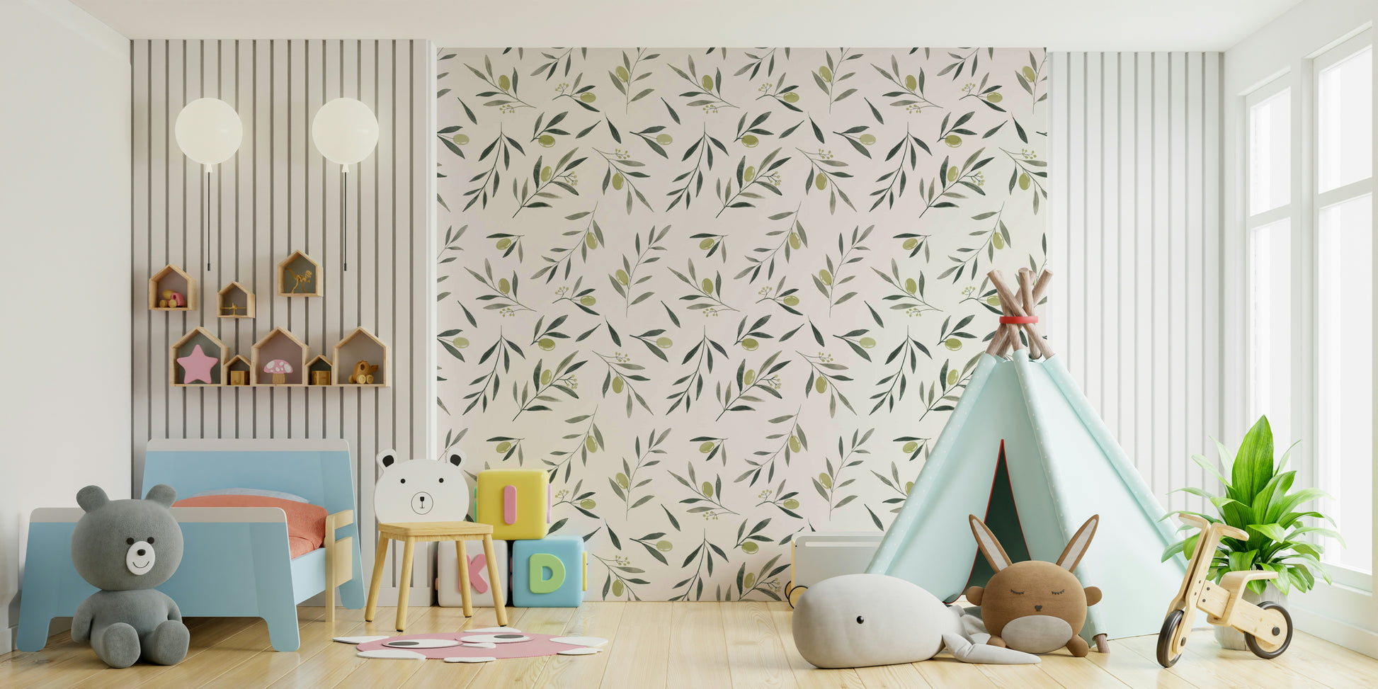 Botanical wallpaper featuring olive leaves and fruit in soft watercolor tones.