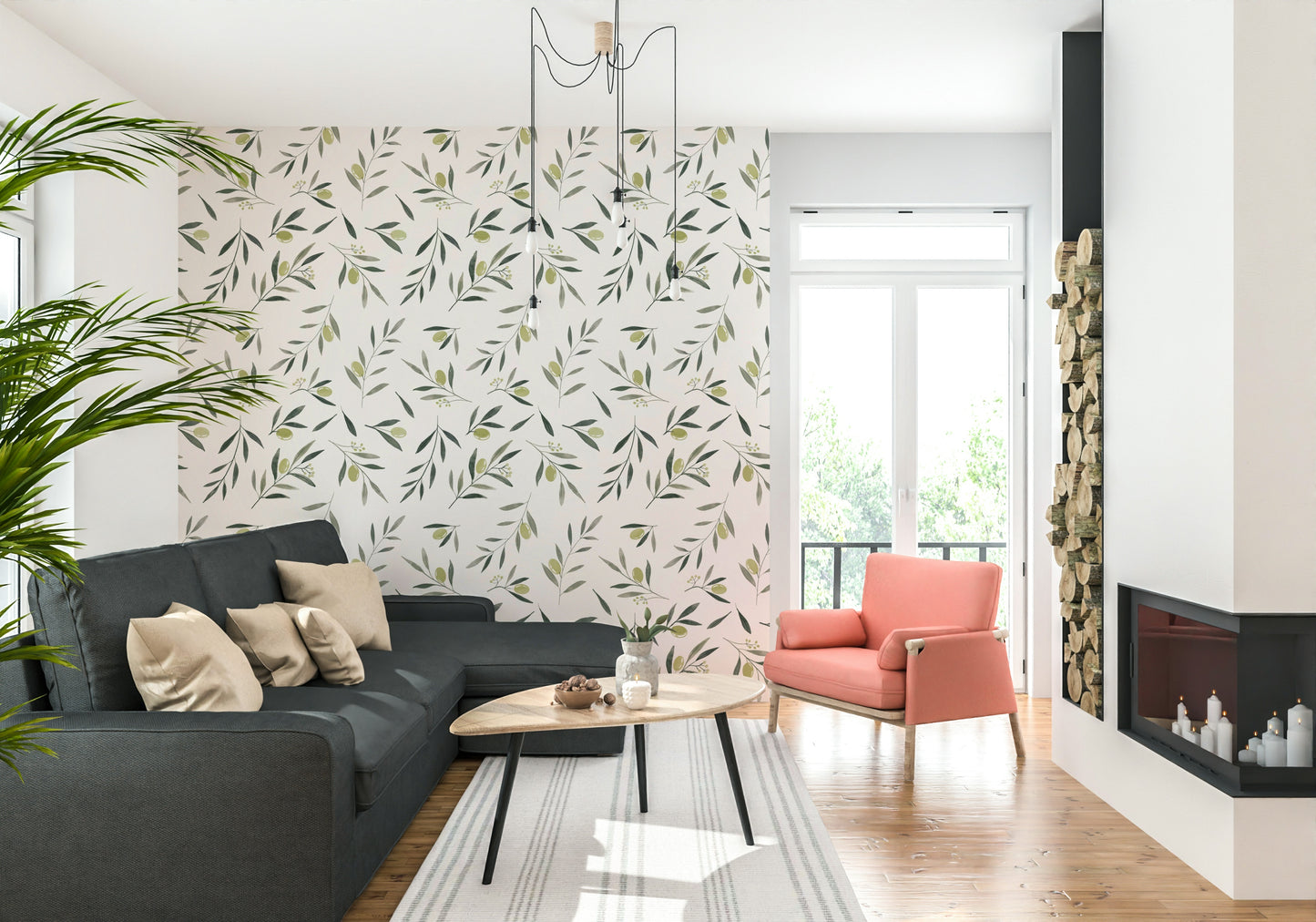 Nature-inspired wallpaper showcasing olive trees, leaves, and olives in artistic watercolor.