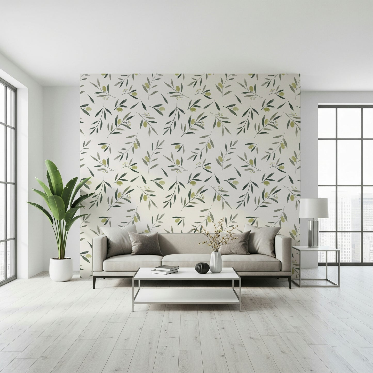 Decorative mural with watercolor olive branches, leaves, and ripe olives for kitchen or dining spaces.