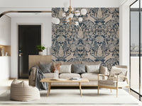 Decorative mural featuring rabbits grazing and playing in a sunlit meadow.