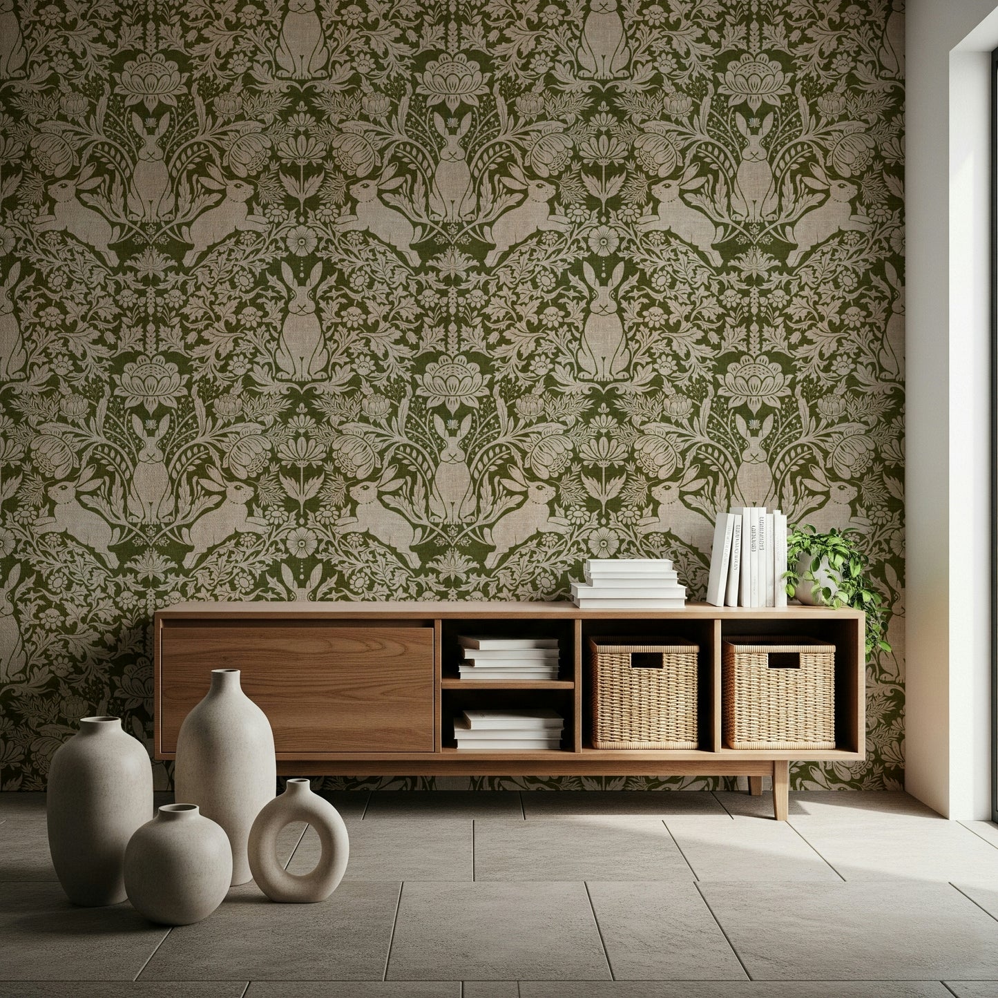 Artistic forest hare wallpaper with rich greenery and woodland textures.