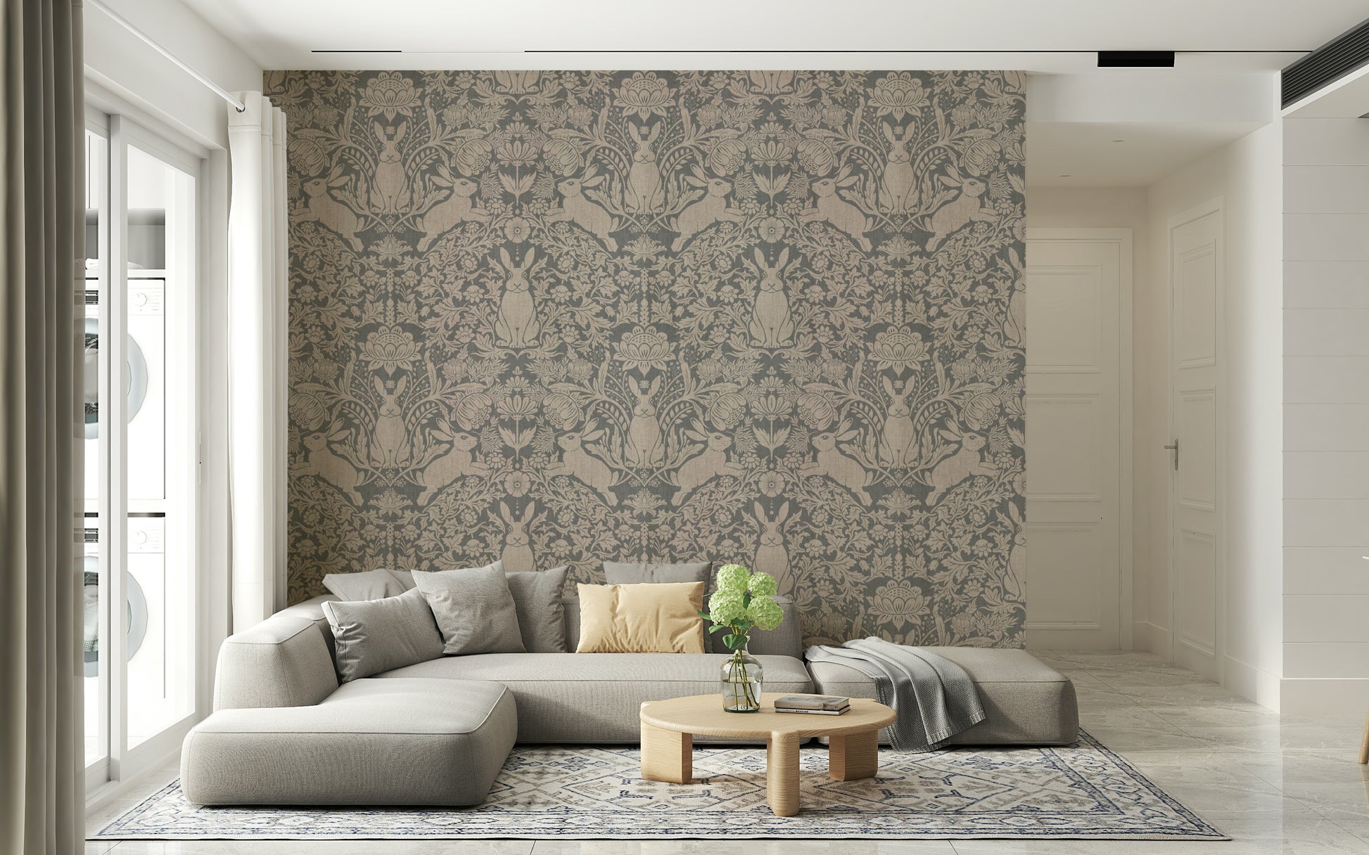 Decorative wall mural with a whimsical bunny integrated into classic damask floral design.