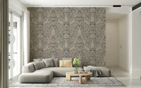 Decorative wall mural with a whimsical bunny integrated into classic damask floral design.