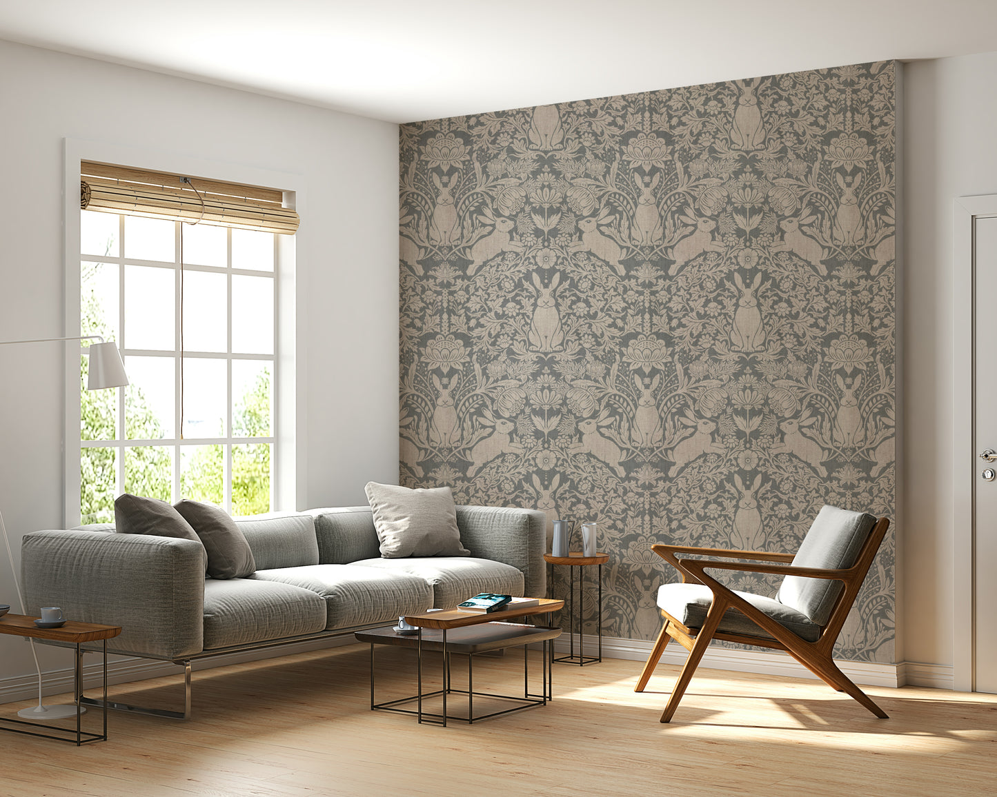 Elegant damask wall mural with bunnies and decorative floral elements.