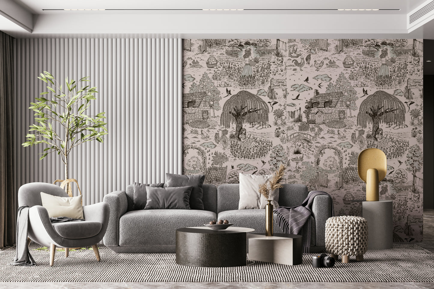 Countryside Sketch Wallpaper — whimsical and artistic depiction of farm and nature scenes.