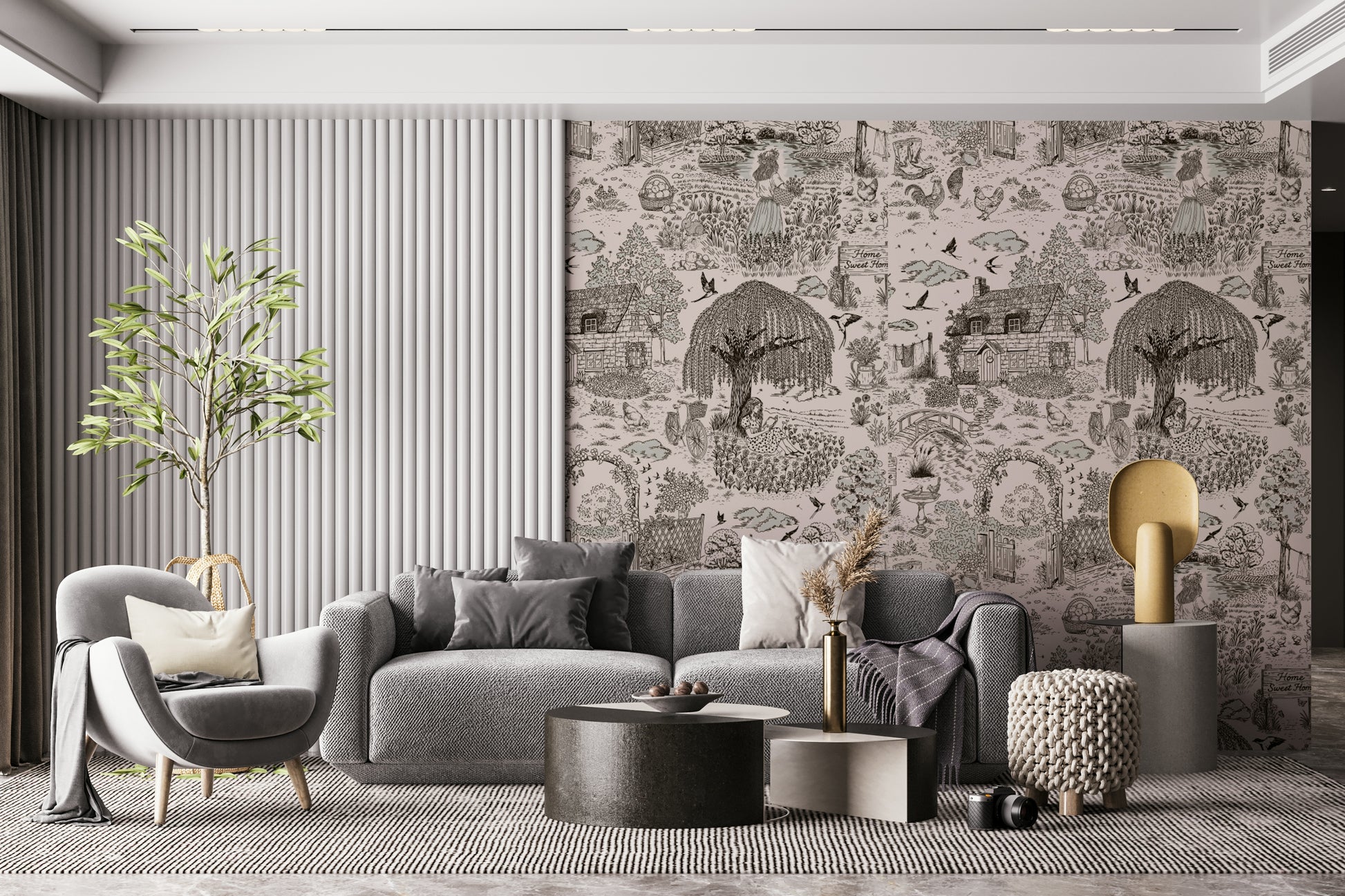 Countryside Sketch Wallpaper — whimsical and artistic depiction of farm and nature scenes.