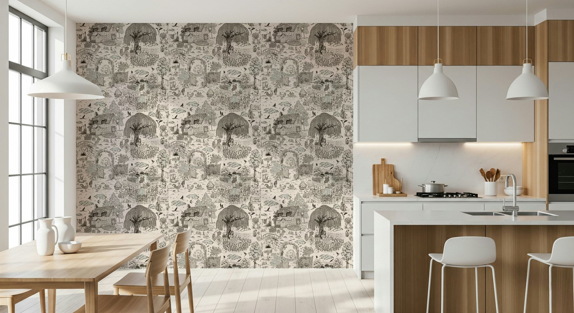 Decorative sketch-style wallpaper depicting countryside cottages, trees, and fields.