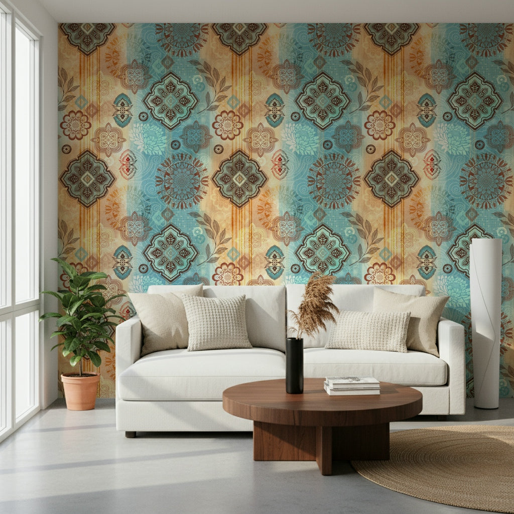Boho chic wallpaper with earthy tones and textured patterns for a cozy, stylish look.