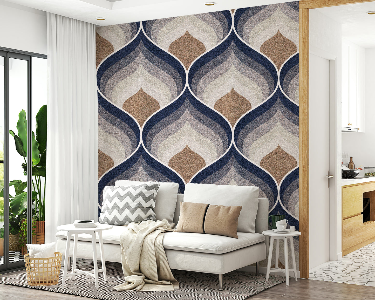Modern wallpaper with embossed-style textures creating visual interest on walls.