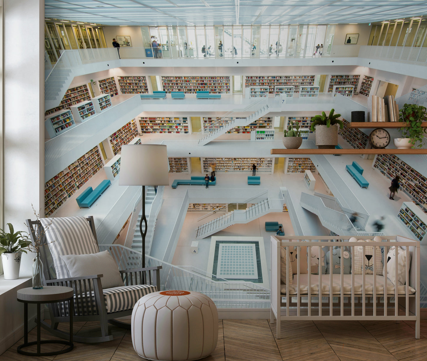 Intricate library wallpaper with maze-like aisles and towering book collections.