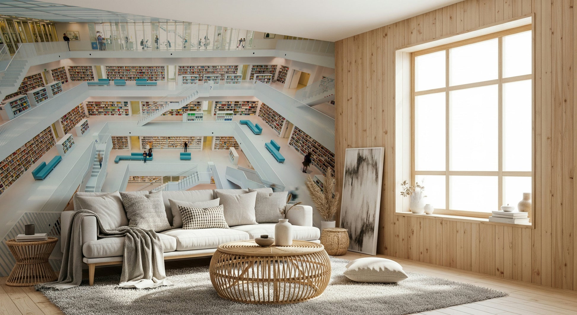 Wallpaper depicting a mysterious, maze-like library filled with books and narrow corridors.