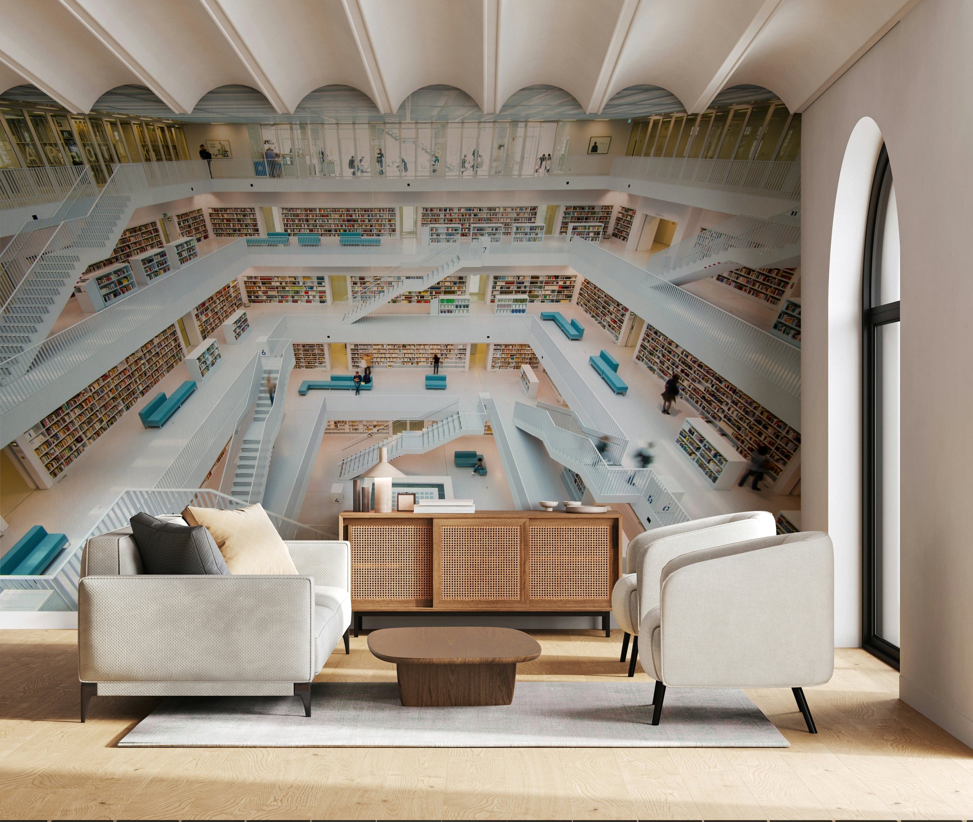 Wall mural depicting a labyrinthine library with stacked shelves and rich wooden textures.