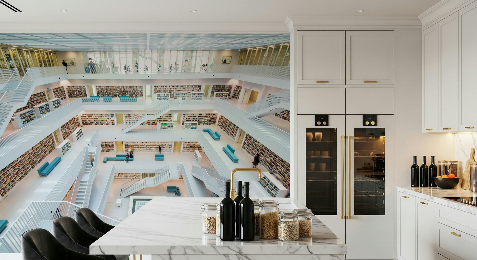 Library Labyrinth Wallpaper — enchanting library design with endless rows of books.