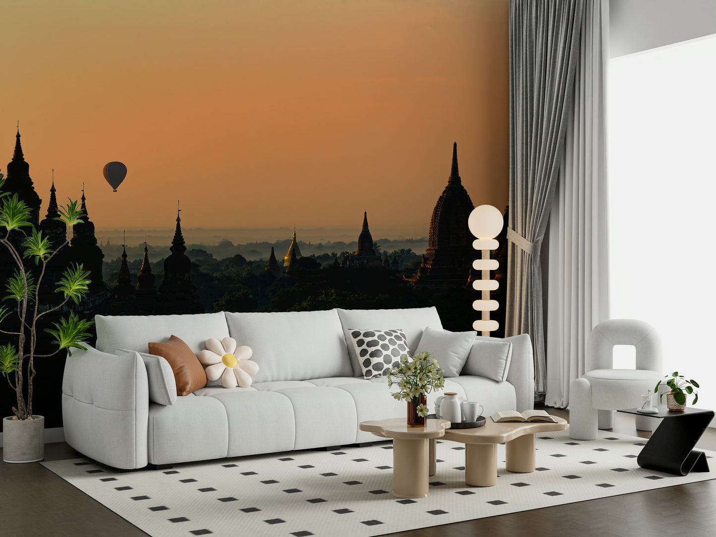 Scenic wallpaper with misty Bagan temples illuminated by early morning light.