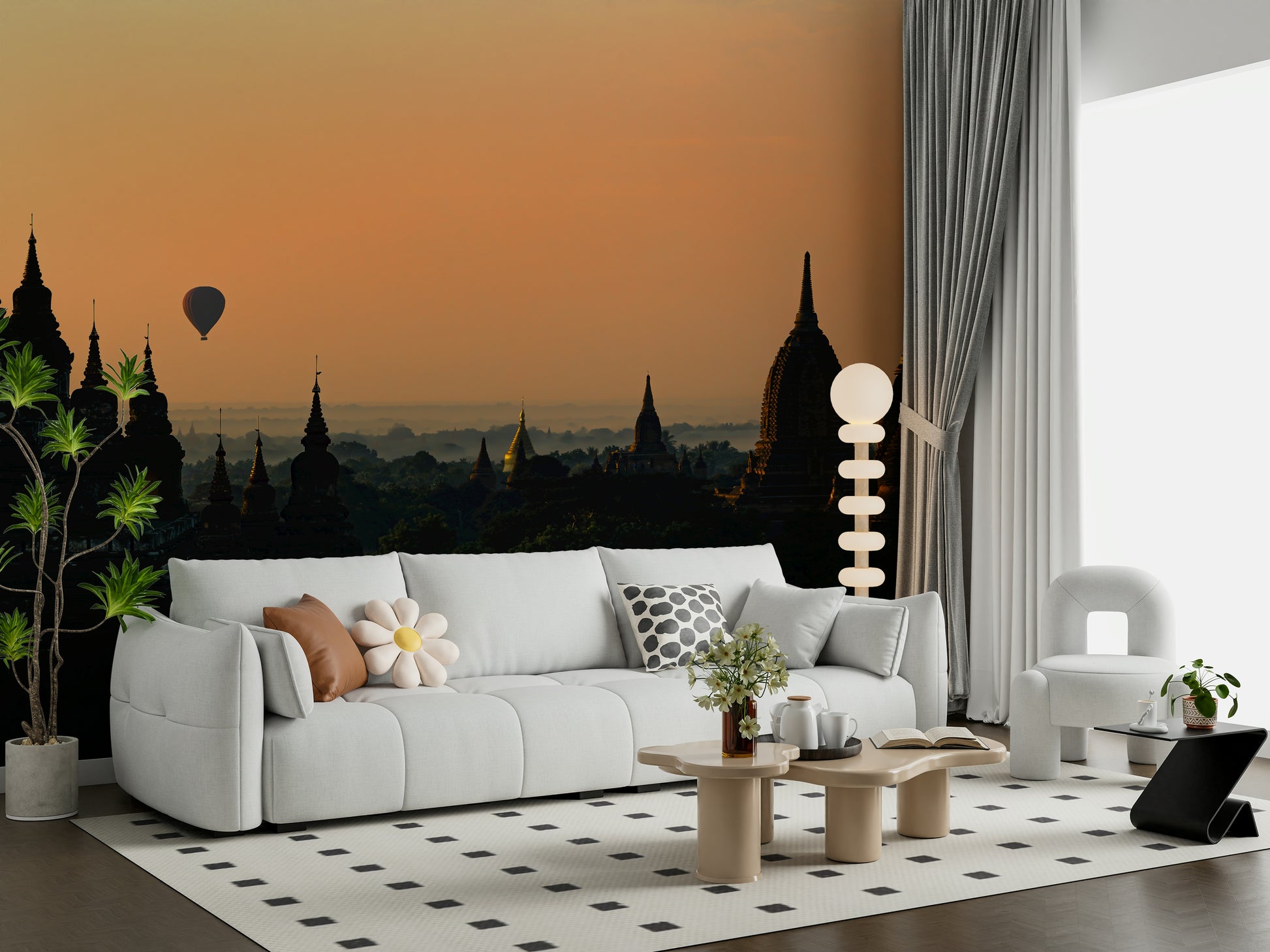 Scenic wallpaper with misty Bagan temples illuminated by early morning light.