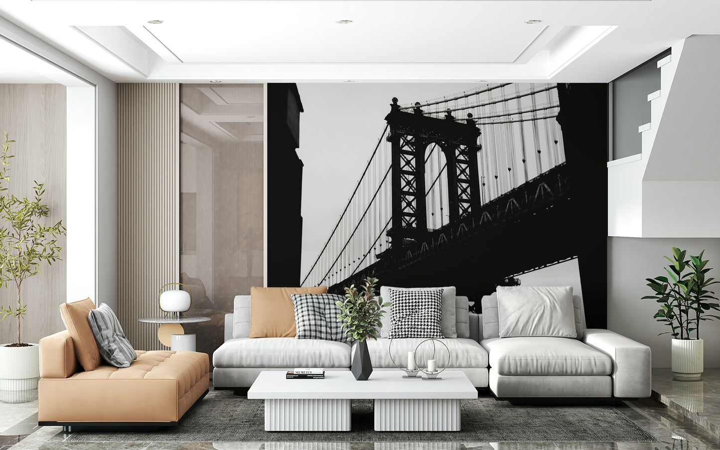 Wall mural depicting a dramatic urban bridge casting shadows over city streets.