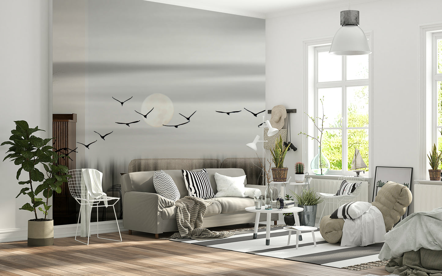 Decorative wall mural showcasing birds in flight under a luminous lunar backdrop.