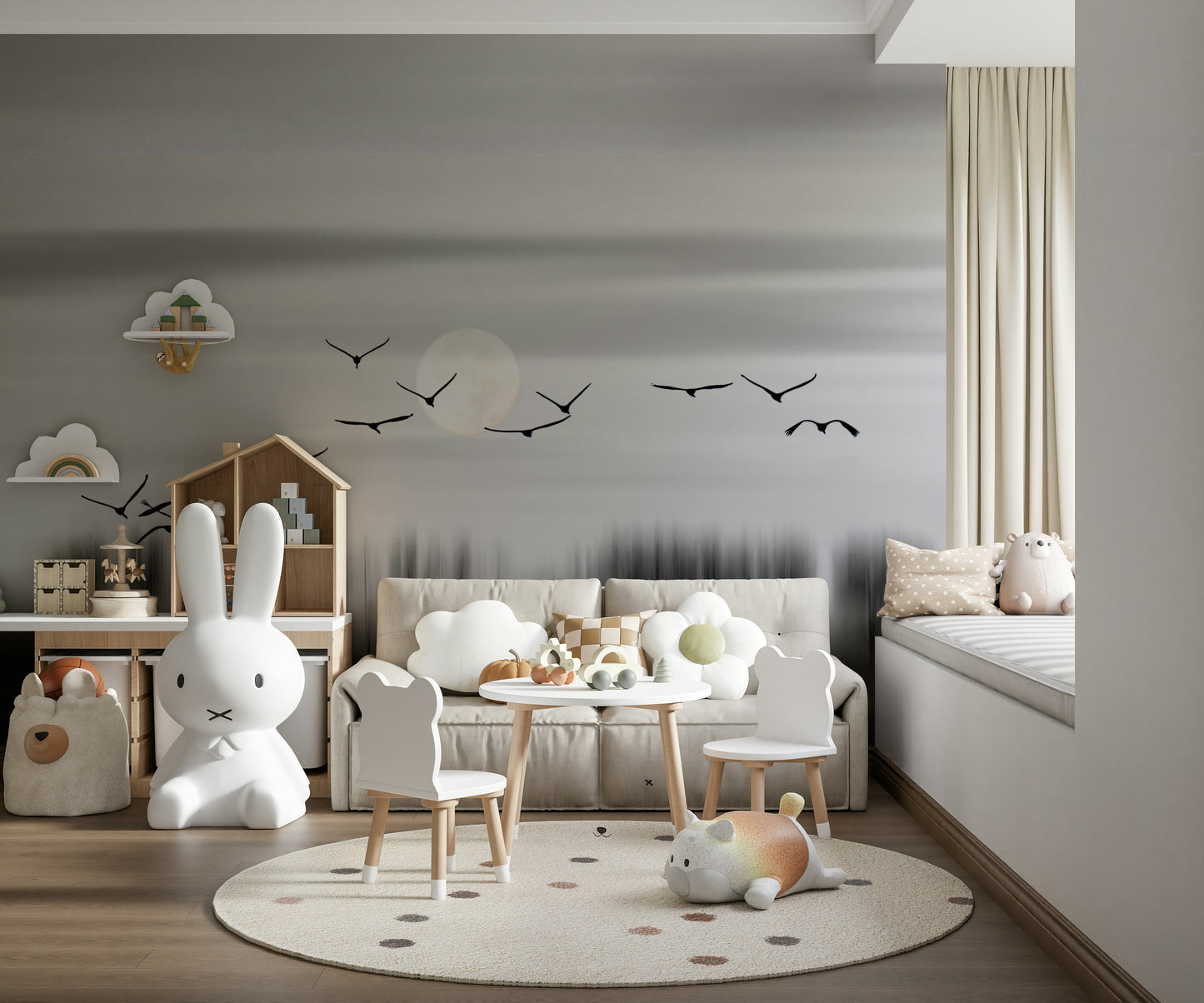 Lunar Flight Wall Mural — celestial night sky with birds gliding beneath a glowing moon.