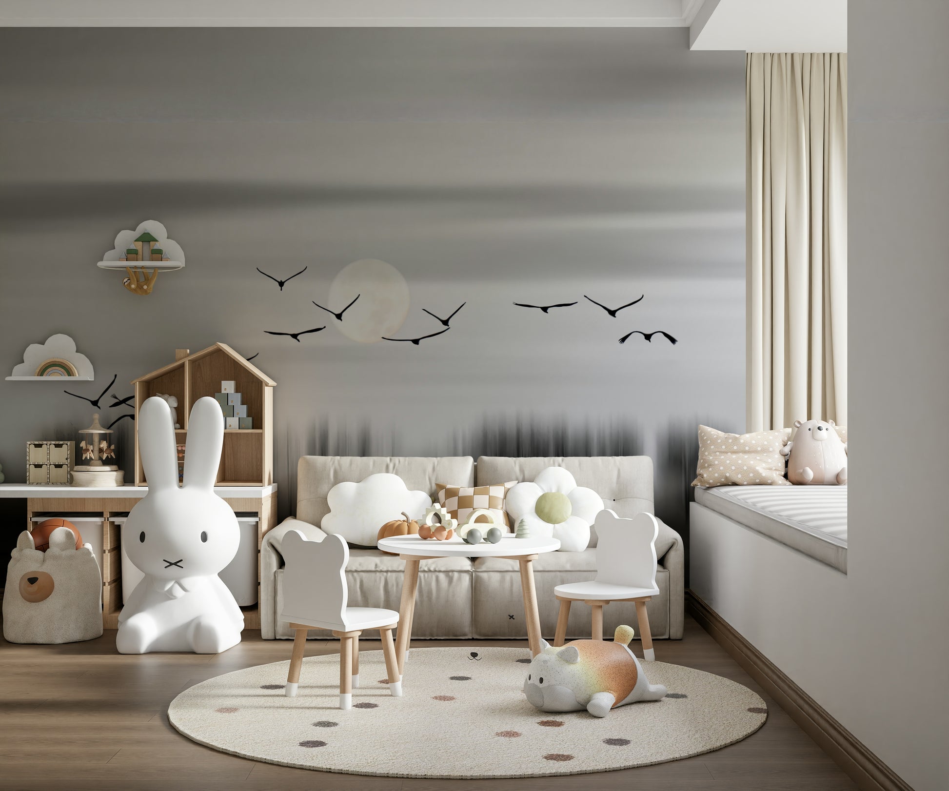 Lunar Flight Wall Mural — celestial night sky with birds gliding beneath a glowing moon.