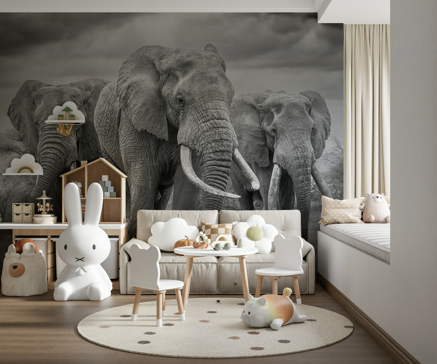 Elephant Majesty Wall Mural featuring a majestic elephant in a serene natural landscape.